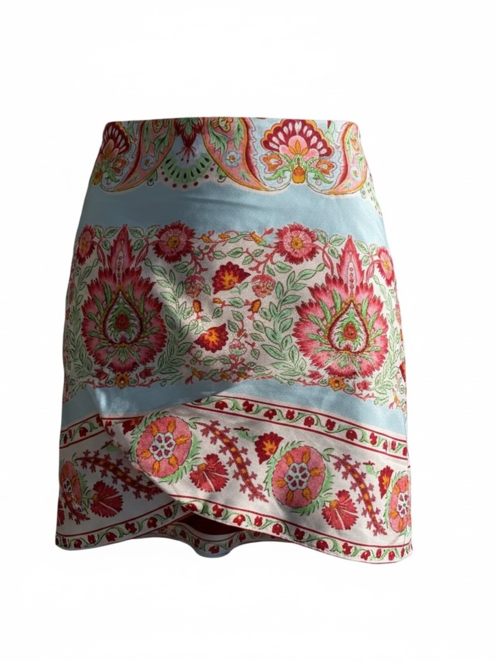 VICI Medium Floral Paisley Satin Mini Skirt Blue Pink Boho Romantic